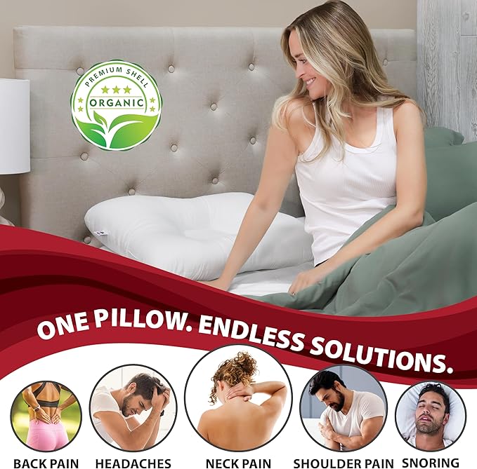 Core Products Tri-Core Natural Cervical Support Pillow for Neck Pain Organic Cotton Shell, Great Gift for Back and Side Sleepers, Full Size, Gentle/Medium Firmness