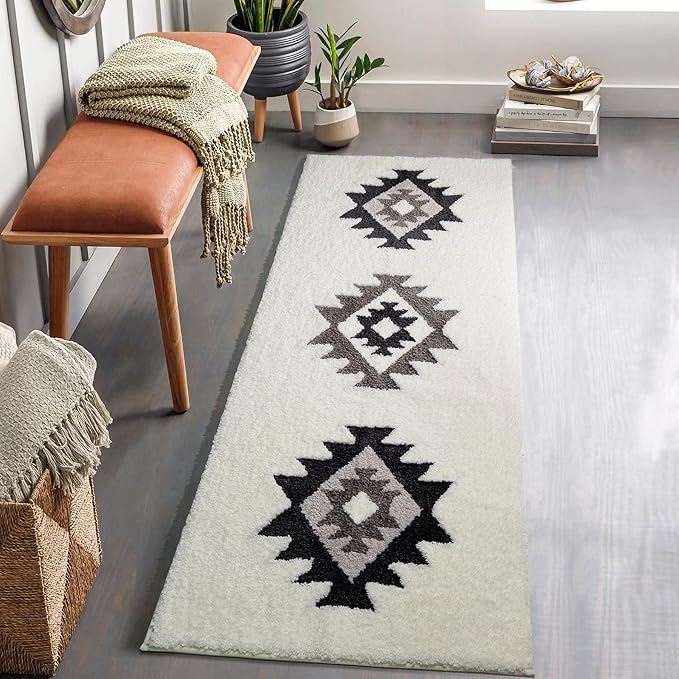 DEXDE Bathroom Runner Rugs 20x72 Boho, Long Bath Mat for Bathroom Bedroom Hallway Kitchen Luxury Soft Absorbent Large Modern Geometric Carpet Bath Rugs Western Farmhouse Decor, Black White