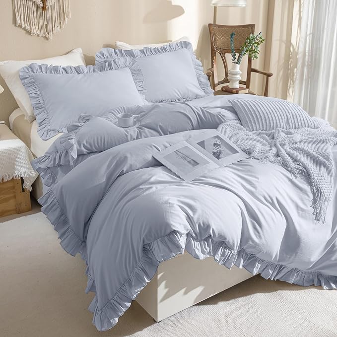 QSH Washed Cotton Ruffle Duvet Cover King Size,3 Pieces Cornflower Blue Farmhouse Vintage Shabby Comforter Cover Linen Feel French Country Rustic Bedding Set Soft Breathable Quilt Cover Set