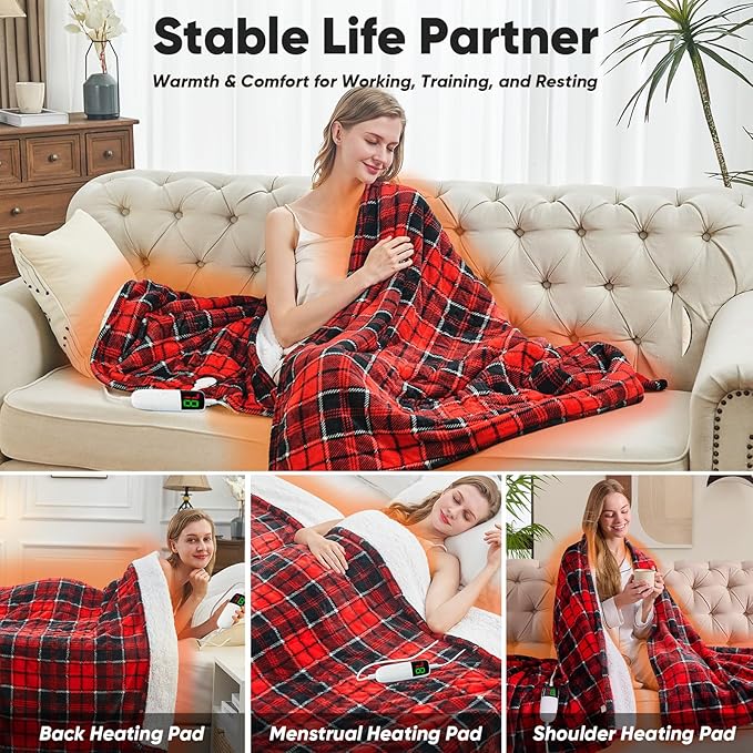 OCTROT Heated Blanket Electric Throw 50X60, Christmas Heating Throw Gift with 10 Heating Levels & 8 Hours Auto Off, Red Plaid Checkered Sherpa Blanket Warmer for Adults, Couch Bed Office Use
