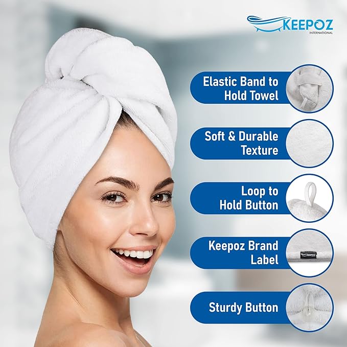 KEEPOZ 100% Cotton Hair Towel Wrap Quick Dry Super Absorbent Turban Head Wrap for Women with Button, Anti Frizz, Hair Cap for Curly, Long & Thick Hair (White, 1 Pc)