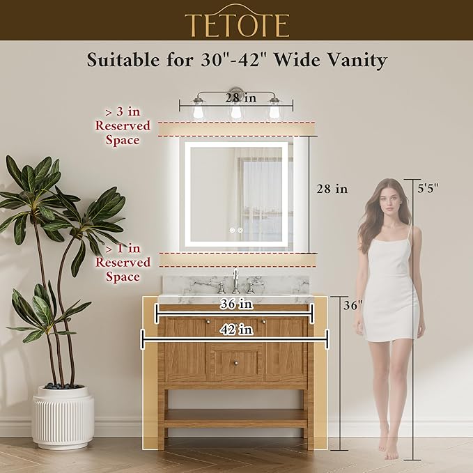 TETOTE 28 x 28 Inch LED Bathroom Mirror with Frontlit and Backlit, Brighter Light up Bathroom Vanity Mirror with Lights, 3-Color Dimmable Illuminated Anti Fog Mirror Wall Mounted, Waterproof