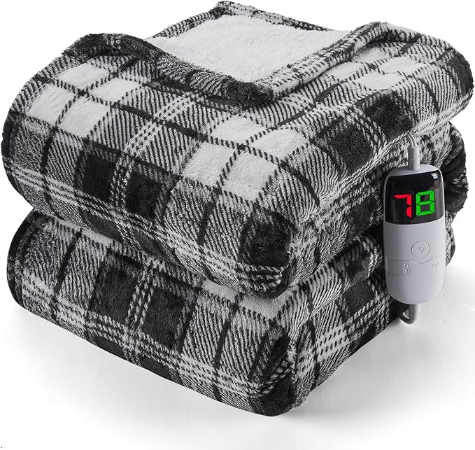Black Heated Blanket Electric Twin Size,62X84 Heating Blanket with 10 Heats Levels&8 Hours Auto Off&Timer,Plaid Soft Sherpa Black Blankets Warmer Gift for Grandma Women Adult,Fast Heating Washable
