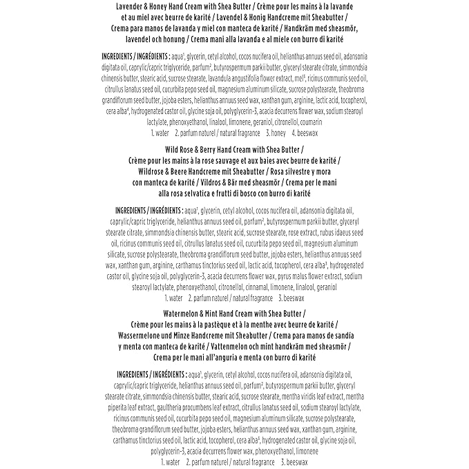 Burt's Bees Christmas Gifts, 3 Body Skincare Stocking Stuffers, Shea Butter Hand Cream Trio Set - Lavender Honey, Watermelon Mint & Wild Rose Berry (3-Pack)