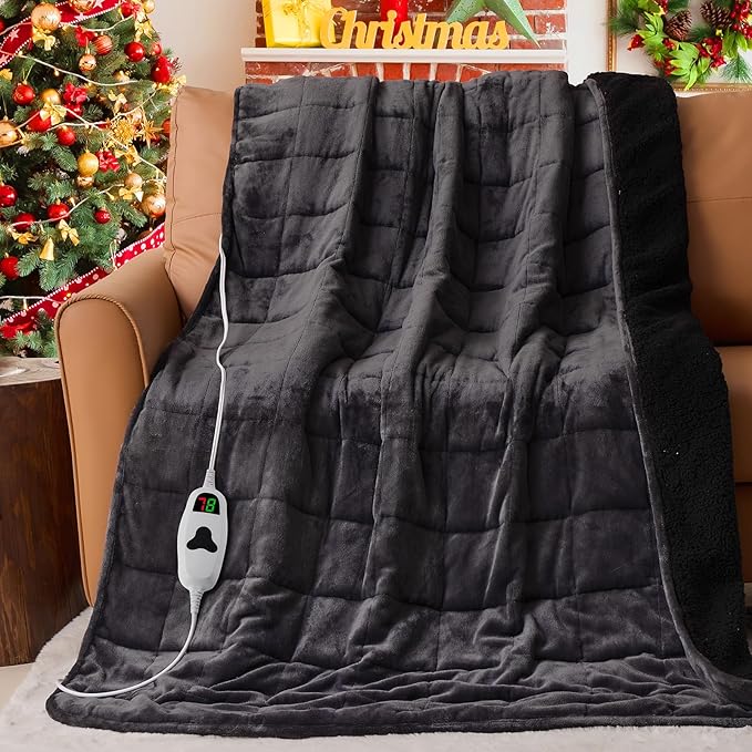 CYMULA Heated Weighted Blanket for Adults, Weighted Heated Blanket 50" x 60", 13lbs Sherpa Fleece Weighted Electric Blanket Soft Heating Blanket with 10 Heating Levels & 1-8 Hours Auto Off, Dark Grey