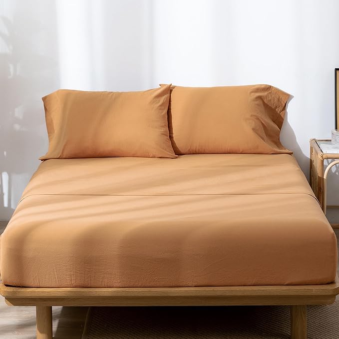 MooMee Bedding Sheet Set 100% Washed Cotton Linen Like Textured Breathable Durable Soft Comfy (Solid Burnt Orange, California King)