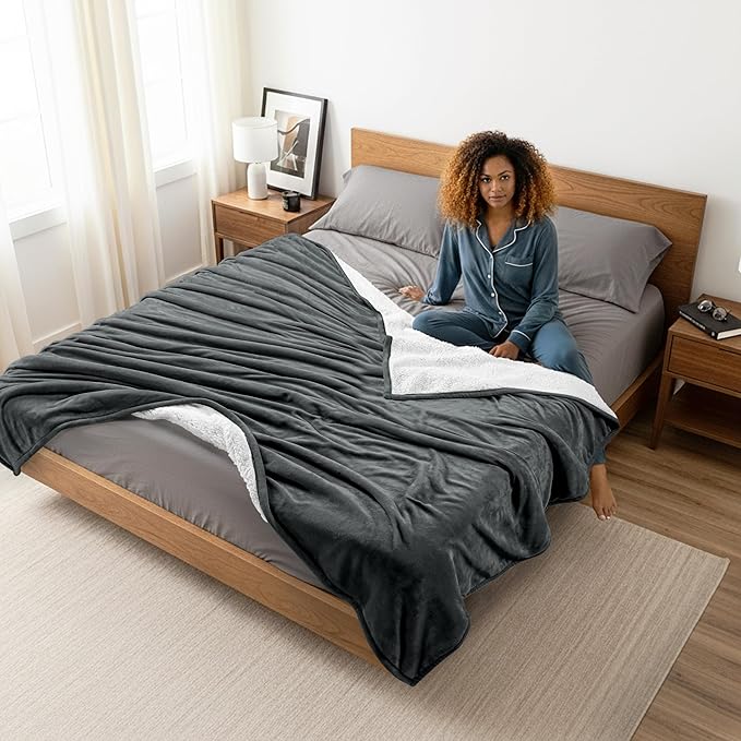 Utopia Bedding Sherpa Blanket Queen Size (Grey, 90x90 Inches) - Soft Lightweight Plush Fleece Reversible Blanket for Bed, Sofa, Couch, Camping and Travel