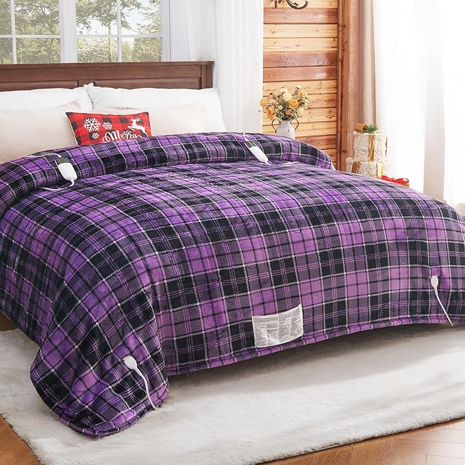 Heated Electric Blanket King Size, 90X100 Heating Blanket King with Dual Control&10 Heats Levels&Timer for Bed,Large Purple Plaid Sherpa Blankets Warmer Gifts for Grandma Women Adults, Washable