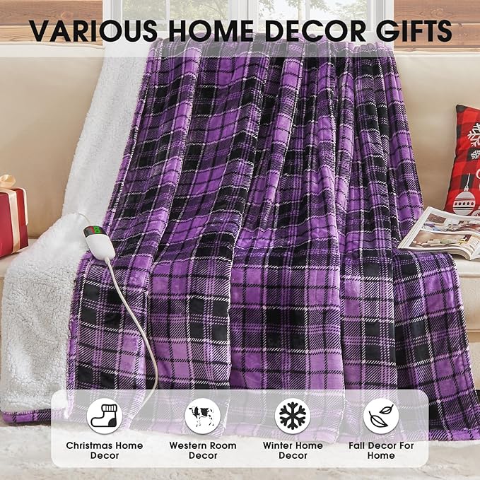 Heated Blanket Electric Throw, 50X60, Heating Throw with 10 Heating Levels & 8 Hours Auto Off, Purple Plaid Checkered Sherpa Blanket Warmer for Couch Bed Office, Gifts for Mom Women Grandma Home Decor