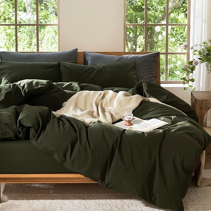 MooMee Bedding Duvet Cover Set 100% Washed Cotton Linen Like Textured Breathable Durable Soft Comfy (Solid Olive Green, Oversized King Plus 128"x120")