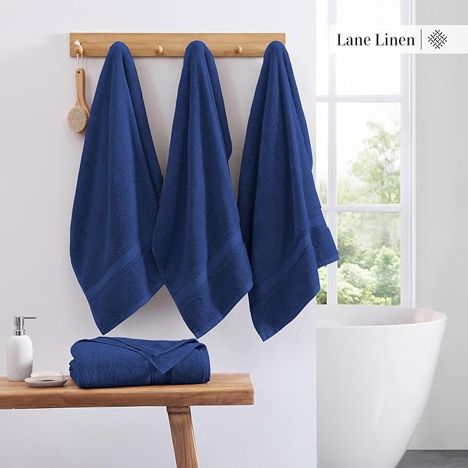 LANE LINEN 100% Cotton 4 Pack Bath Towels (28"x54") - Zero Twist, Mercerized Cotton Towels Set for Bathroom - Quick Dry, Soft & Absorbent Large Bath Towel Set - Dorm Essentials for Boys - Navy Blue