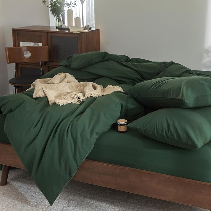 FOSSA Duvet Cover Set 100% Washed Cotton Linen Feel Super Soft Breathable Cozy 3 Pieces Bedding Sets Solid Forest Green Queen