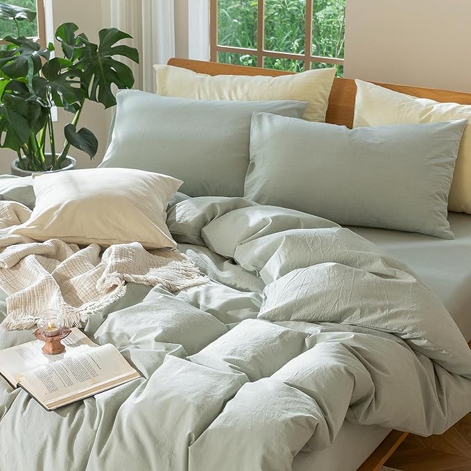 MooMee Bedding Duvet Cover Set 100% Washed Cotton Linen Like Textured Breathable Durable Soft Comfy (Heathered Sage Green, Cal King 104"x98")