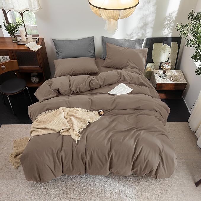 FOSSA Duvet Cover Set 100% Washed Cotton Linen Feel Super Soft Breathable Cozy 3 Pieces Bedding Sets Solid Black Super Queen