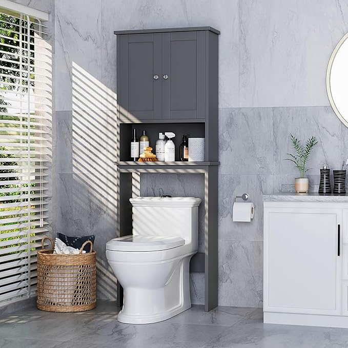 Meilocar Over The Toilet Storage Cabinet, Bathroom Storage Cabinet Over Toilet with 2 Wood Doors, Freestanding Space Saver, Adjustable Shelf & Open Shelf, Grey