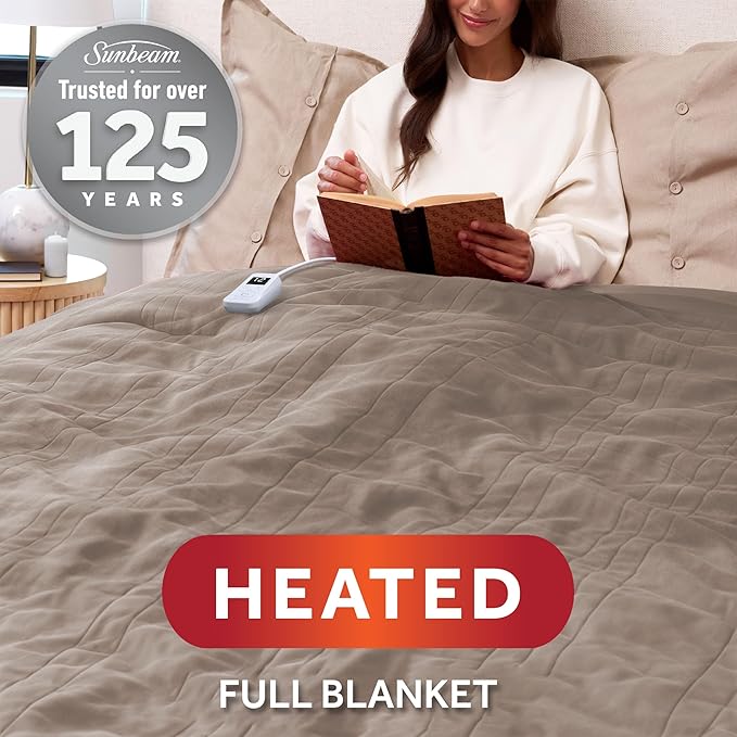 Sunbeam Electric Royal Luxe Microplush Heated Blanket, 12 Heat Settings, 12-Hour Auto Shut-Off, Fast Heating, Warm & Cozy, Machine Washable, Mushroom Color, Full (84" x 72")