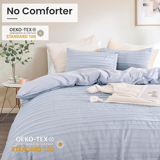 NEXHOME PRO Duvet Cover Queen Size, Blue 3 Pieces Boho Tufted Duvet Cover Set, Soft and Lightweight Microfiber Comforter Cover Set for All Season (Blue, 90 x 90)-No Comforter