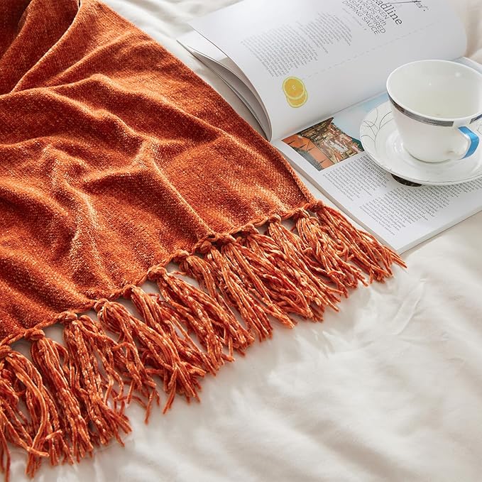 CozeCube Chenille Throw Blanket for Couch, Cozy Plush Fuzzy Decorative Rust Orange Blanket with Fringe Tassels, Lightweight Throws for Bed Sofa Gift Home Decor, 60"X80"