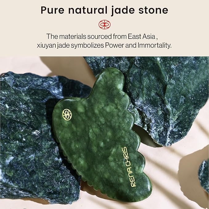 Rena Chris Gua Sha Facial Tool, Natural Xiuyan Jade Stone Body Gua Sha with Exquisite Wooden Box, Large Guasha Suitable for Face Lifting, Puffiness Reducing and Whole Body Massage, Skin Care Massager