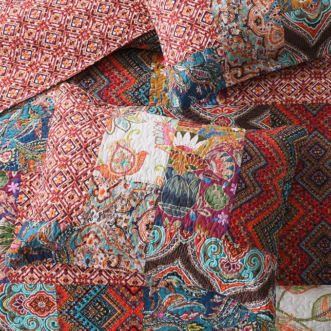 Autumn Dream Cotton Patchwork Bedspread Quilt Sets, Reversible Bedding Coverlet Sets, Red Gorgeous Vintage Pattern, QueenSize