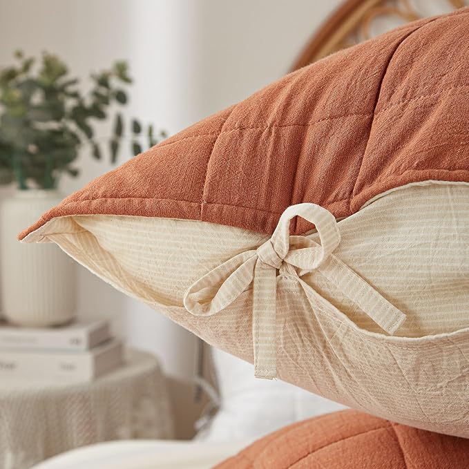 Burnt Orange Quilt King Size， Cotton Linen King Quilt Bed Spreads，3-Pieces King Size Quilt Bedding Set with Cream Stripe Coverlet Lightweight Bedding Comforters with 2 Pillow Shams