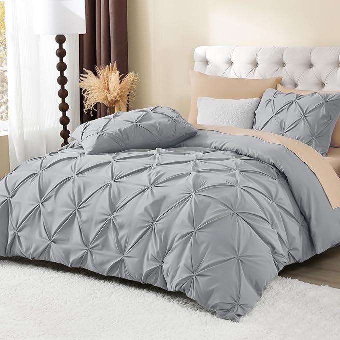 Litanika Silver Grey King Pinch Pleat Duvet Cover, 3 Pieces Pintuck Cover Soft Microfiber Bedding Set with Zipper Closure & Corner Ties(104x90Inch-1 Duvet Cover, 2 Pillowcases)
