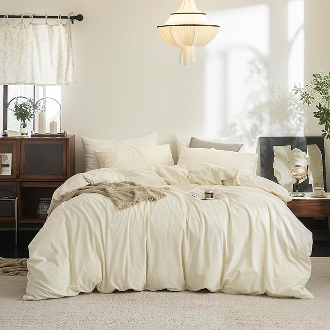 FOSSA Duvet Cover Set 100% Washed Cotton Linen Feel Super Soft Breathable Cozy 3 Pieces Bedding Sets Solid Cream White Oversized Queen