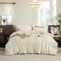 FOSSA Duvet Cover Set 100% Washed Cotton Linen Feel Super Soft Breathable Cozy 3 Pieces Bedding Sets Solid Cream White California King