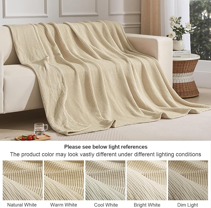 PHF 100% Cotton Waffle & Muslin Throw Blanket Large, Soft Breathable Luxury 400GSM Versatile Reversible Bedding for Couch, Great for Layering in Cold Weather, Home Decor Gift, 50" x 70", French Oak