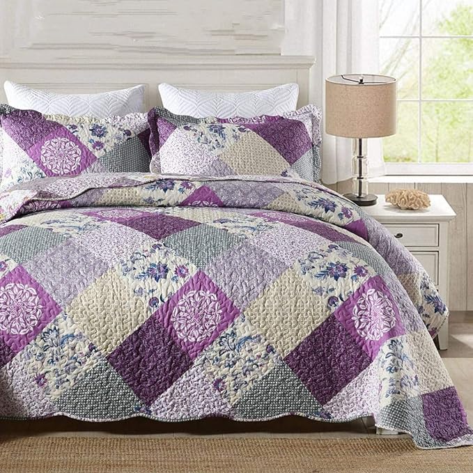 ENJOHOS King Size Quilt Set - 3 Pieces Purple Patchwork King Quilt with 2 Pillowcases, Lightweight Reversible Country Bedspread with Floral Design