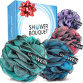 SHOWER BOUQUET Loofah-Charcoal Bath-Sponge XL-Color-4-Pack // Extra Large 75g Soft Mesh Black Luffa Loofa Loufa Puff Set/Exfoliating Body Scrubber for Women and Men - Exfoliate & Soothe Face & Body