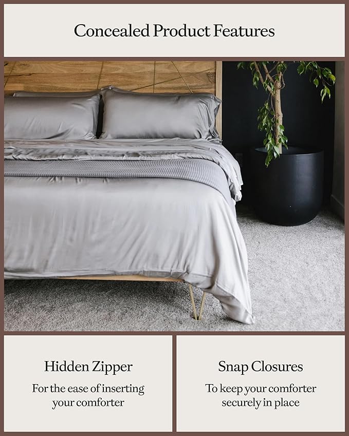 Cozy Earth Luxury Duvet Cover Queen - 100% Viscose from Bamboo - Ultra-Soft, Cooling & Lightweight Duvet Cover - Temperature-Regulating Bedding with Concealed Zip & Interior Snap Closures - Dove Grey