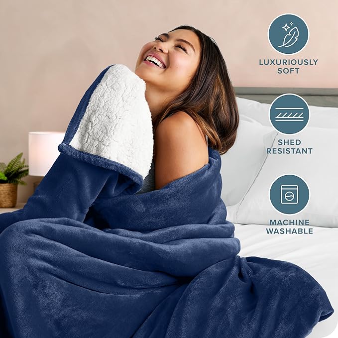 Bare Home Sherpa Fleece Blanket - King Size - Blanket for Bed, Sofa, and Couch - Warm & Lightweight - Fluffy & Soft - Reversible (King, Dark Blue)