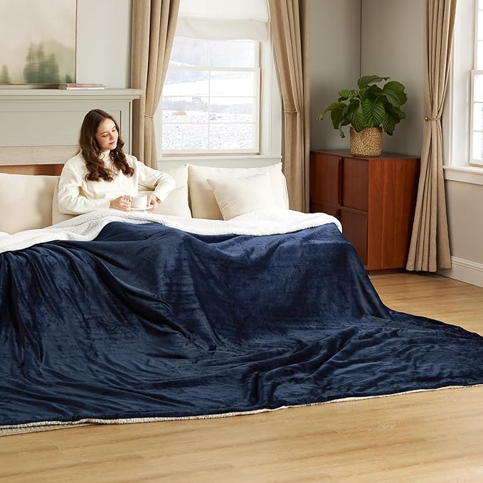Bedsure GentleSoft Sherpa Fleece Oversized Cal King Blankets for Bed - Thick and Warm Throw for Women and Men, Soft Fuzzy Plush Large Blanket for Winter, Navy, 112x98 Inches