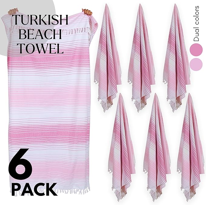Native Fab Pink Stripe Beach Towels 6 Pack - 100% Cotton Turkish Towel - Oversize 40x71 Inches - Quick Dry, Soft, Sand Resistant Hammam Towels for Adults, Swim, Bath, Pool - Pink and White