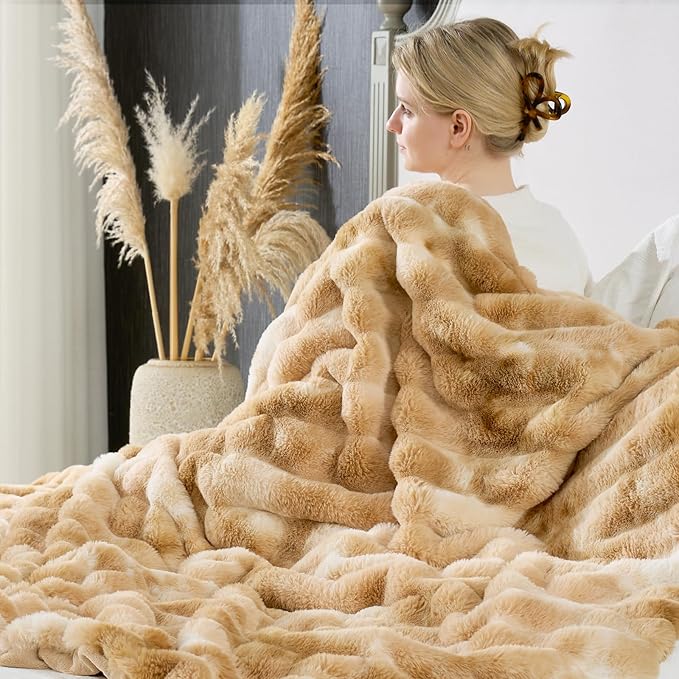 Cozy Bliss Faux Fur Throw Blanket for Couch, Fuzzy Soft Plush Thick Striped Blanket for Sofa Bedroom Living Room, 60 * 80 Inches Tie-dye Khaki