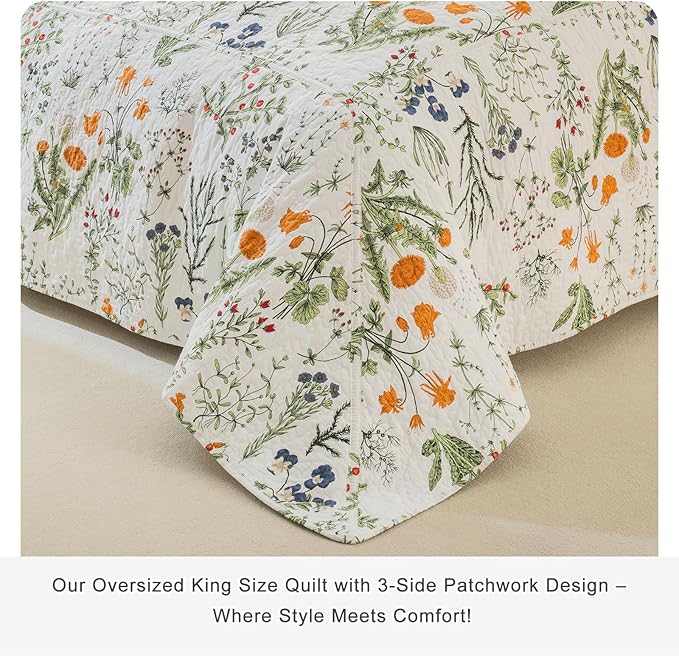 Lady Ann 100% Cotton Floral Oversized Queen Quilt Set - Yellow Flowers & Leaves Pattern Plant Botanical Printed Quilted 102x118 Bedspread & Coverlet Set, 3 PCS Lightweight Bedding Sets All Season