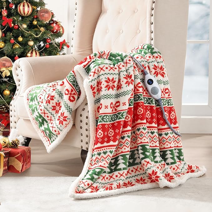 Westinghouse Heated Throw Blanket, Super Soft Flannel to Sherpa Electric Throw with 6 Heating Levels & 2-10 Hours Auto Off, Fast Heating & Overheat Protection, 50x60 Inch, Christmas Tree