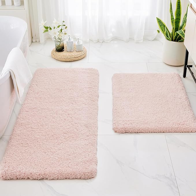 Pink Bathroom Rug 24x48 Non Slip Fluffy Bath Mat for Bathroom Floor Washable Plush Luxury Bath Rug for Tub Soft Shaggy Absorbent Shower Sink Mat