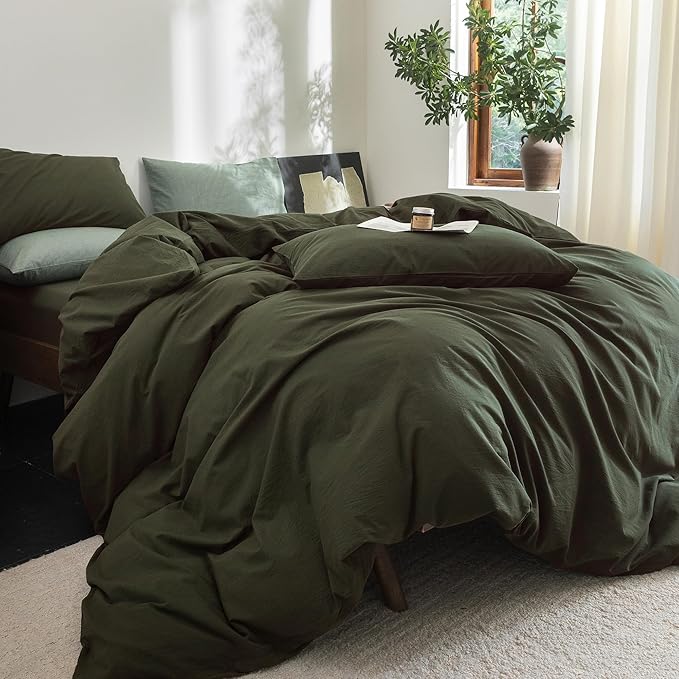 FOSSA Duvet Cover Set 100% Washed Cotton Linen Feel Super Soft Breathable Cozy 3 Pieces Bedding Sets Solid Olive Green California King