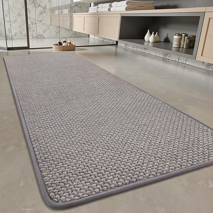 PADOOR-Bath Mat Runner-Super Absorbent Chenille Bathroom Mats-Rubber Backed Bath Mats for Bathroom Non Slip, Easy Clean Bathroom Runner Rugs Front of Bathtub,Shower Room,Sink-24×48, Grey&Beige