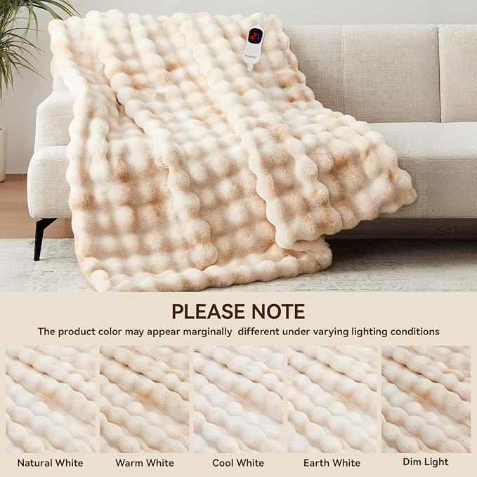 Heated Blanket Full Size with 1/2/4/6/8 Hours Auto-Off 10 Heat Level, 62'' * 84'' Cozy Faux Rabbit Fur Bubble Electric Blanket with Overheat Protection(Tie-Dye Beige)