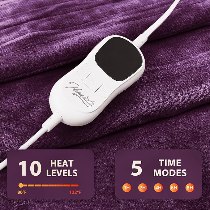 Homemate Electric Heated Blanket Queen Size - 84"x90" Heating Blanket Queen Size Dual Control 1/2/4/6/8 Hours Auto-Off 10 Heat Level Over-Heat Protection Flannel Sherpa ETL Certification