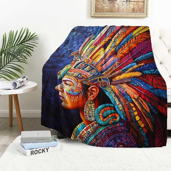 Tribal Throw Blanket with Aztec Warrior for Couch & Bed | Native Style Cozy Soft Fleece Blanket for Living Room, Bedroom & Boho Home Decor | Gift for Men & Women | 40x50 Inches