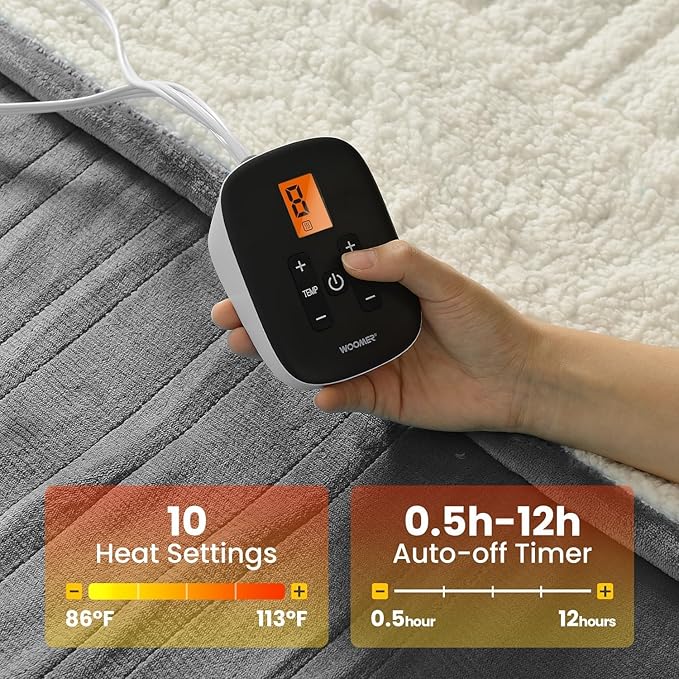 WOOMER [5-Year Warranty Heated Blanket King Size,Durable Flannel and Soft Sherpa,Dual Control,90” × 100” Electric Blanket, 10 Heat Levels&0.5-12h auto-Off, Overheat Protection,Energy Efficient
