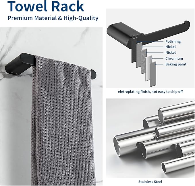 Bathroom Hardware Set, 4-Piece Towel Rack Towel Bar Towel Holder Toilet Paper Holder Towel Hooks Wall Mounted Bath Towel Bars Matte Black Stainless Steel Bathroom Accessories Set, 23 inch
