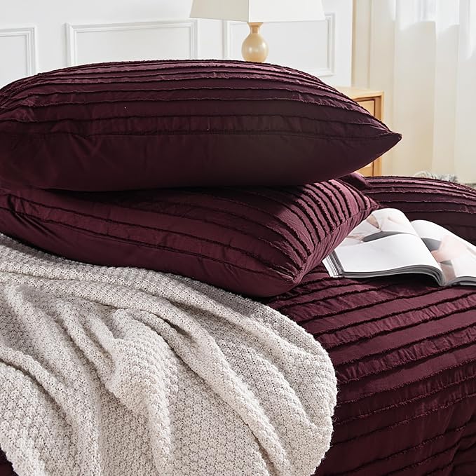 NEXHOME PRO Duvet Cover King Size, Blue 3 Pieces Boho Tufted Duvet Cover Set, Soft and Lightweight Microfiber Comforter Cover Set for All Season (Burgundy,104 x 90)-No Comforter
