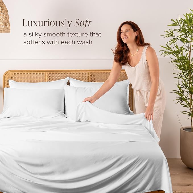 Bare Home 100% Rayon Made from Bamboo Luxury Split King Sheet Set - 5 Piece Bedding Set - Deep Pockets - Cooling Sheets - Breathable - Easy Fit - Soft Bedding Sheets & Pillowcases (Split King, White)