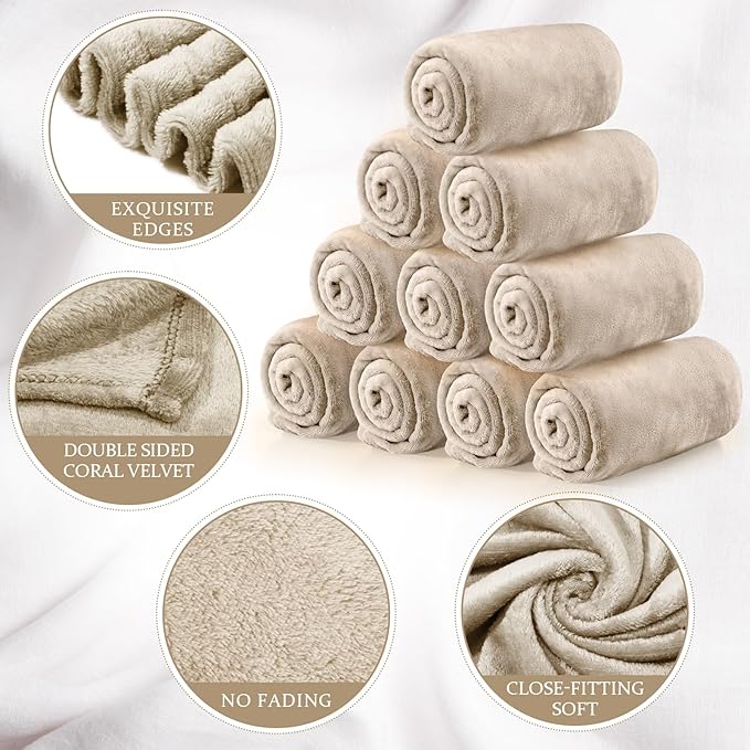 Tinideya 12 Pcs Flannel Fleece Throw Blanket Bulk 50 x 60 Inch Soft Fleece Blanket Warm Throw Blanket Coral Blankets for Couch Sofa Home Wedding Gifts Season (Khaki)