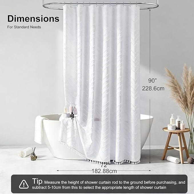 Extra Long White Boho Shower Curtain with Tassel, Woven Fabric 90 in Shower Curtain, Tufted Chevron Striped, 72 x 90, Modern Chic Textured Minimalist Bathroom Shower Curtains